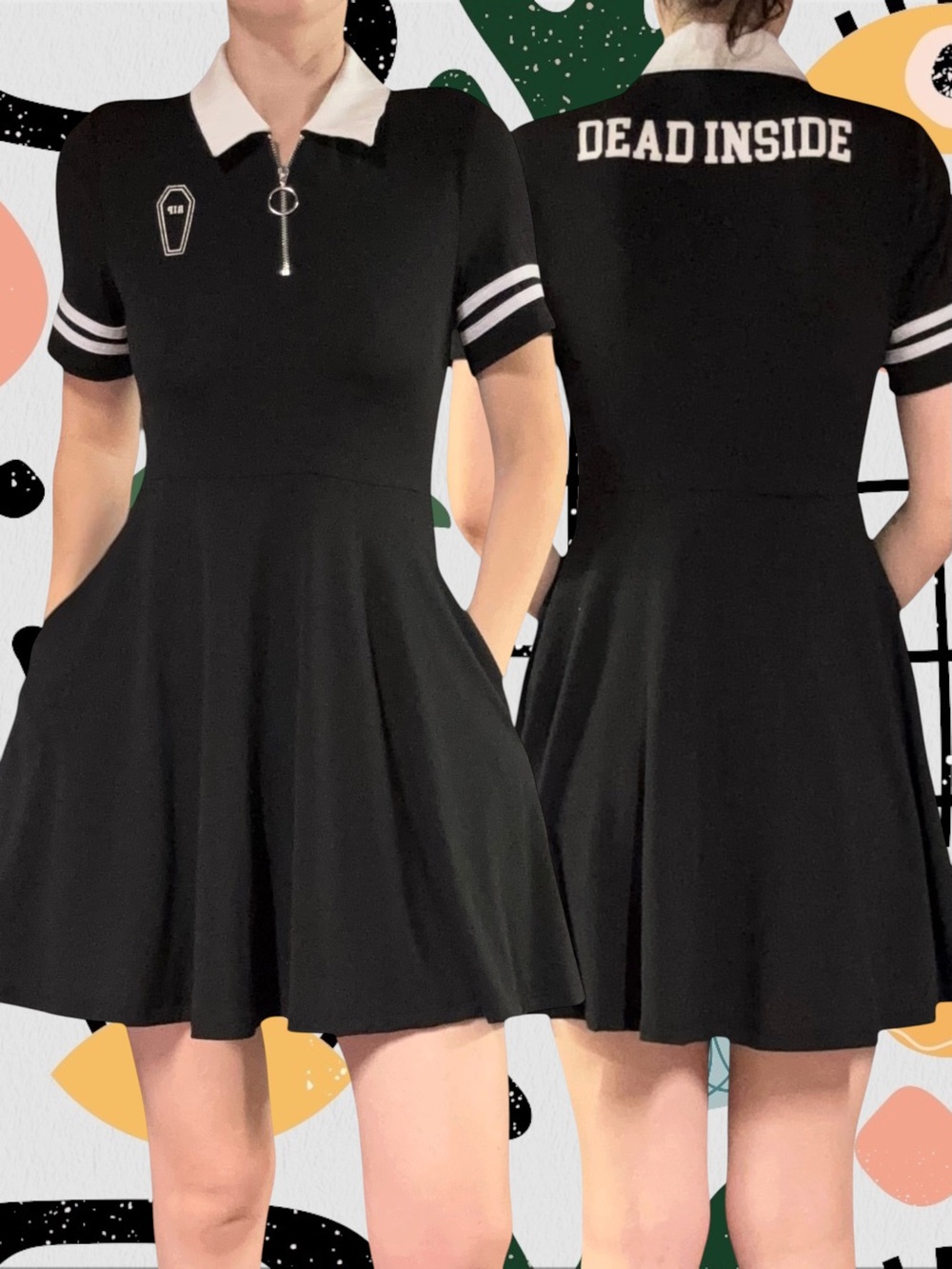 Hot Topic | Dead Inside Collared Zip Neck Mini Skater Dress with Pockets